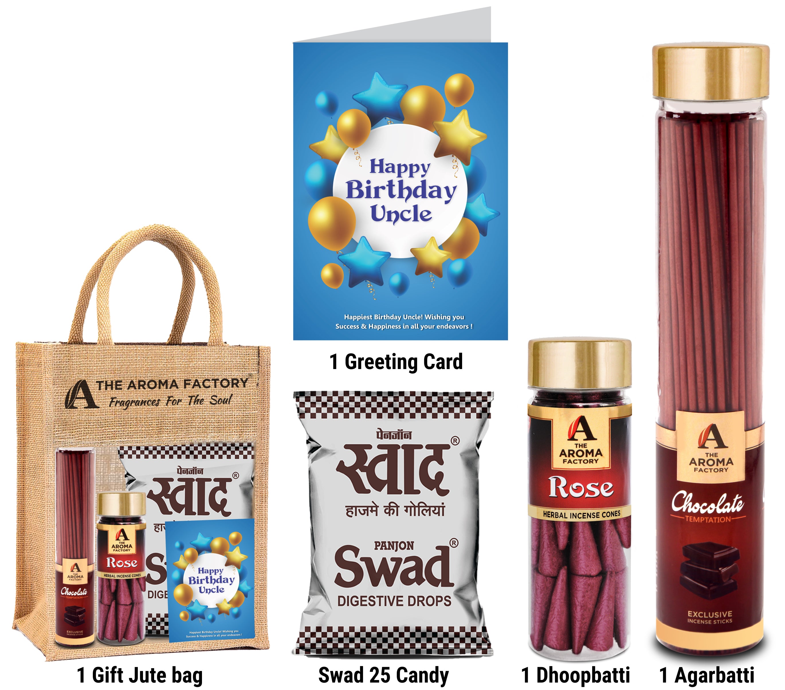 The Aroma Factory Happy Birthday Uncle Gift with Card (25 Swad Candy, Chocolate Agarbatti Bottle, Rose Cone) in Jute Bag