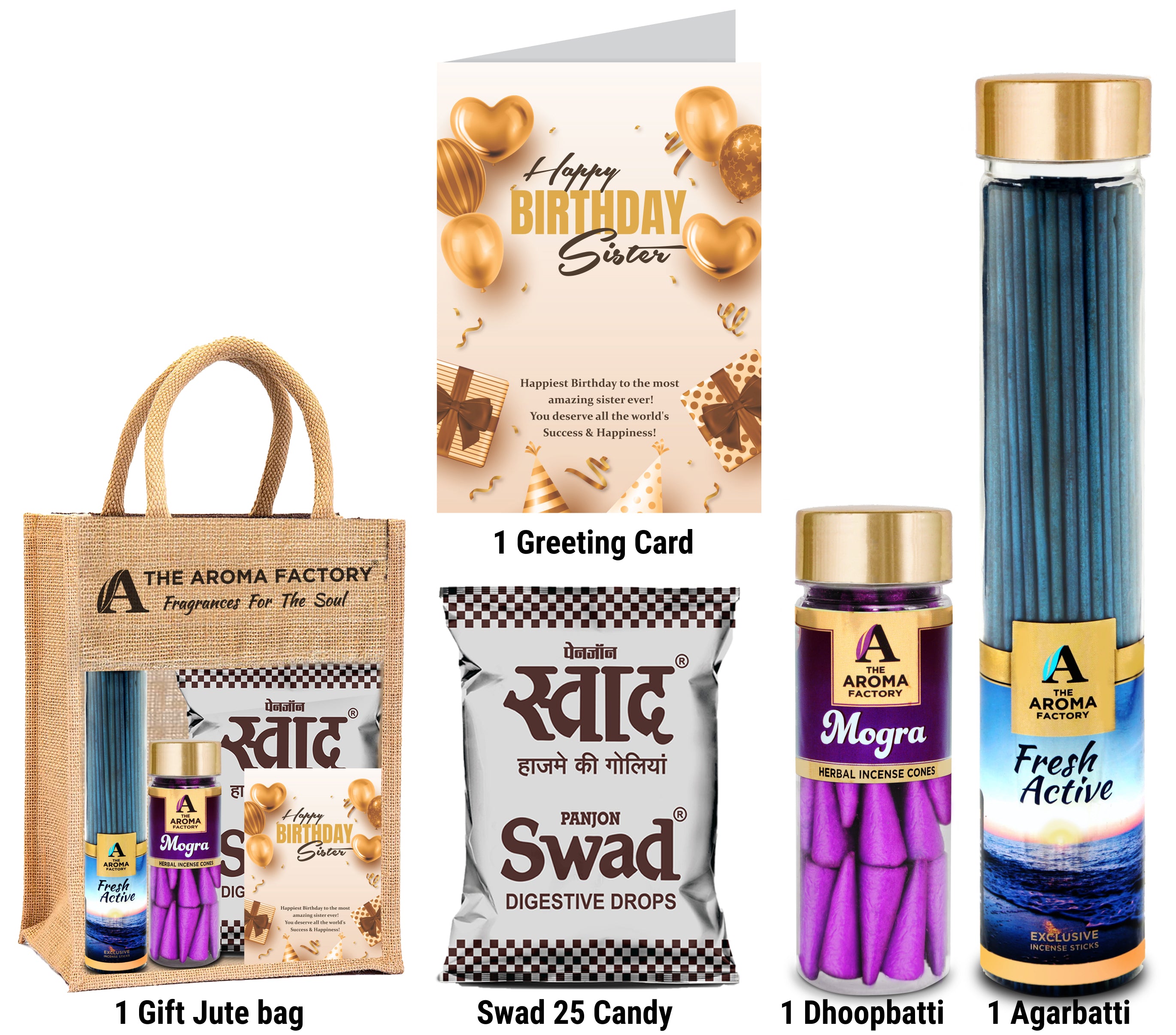 The Aroma Factory Happy Birthday Sister Gift with Card (25 Swad Candy, Fresh Active Agarbatti Bottle, Jasmine Cone) in Jute Bag