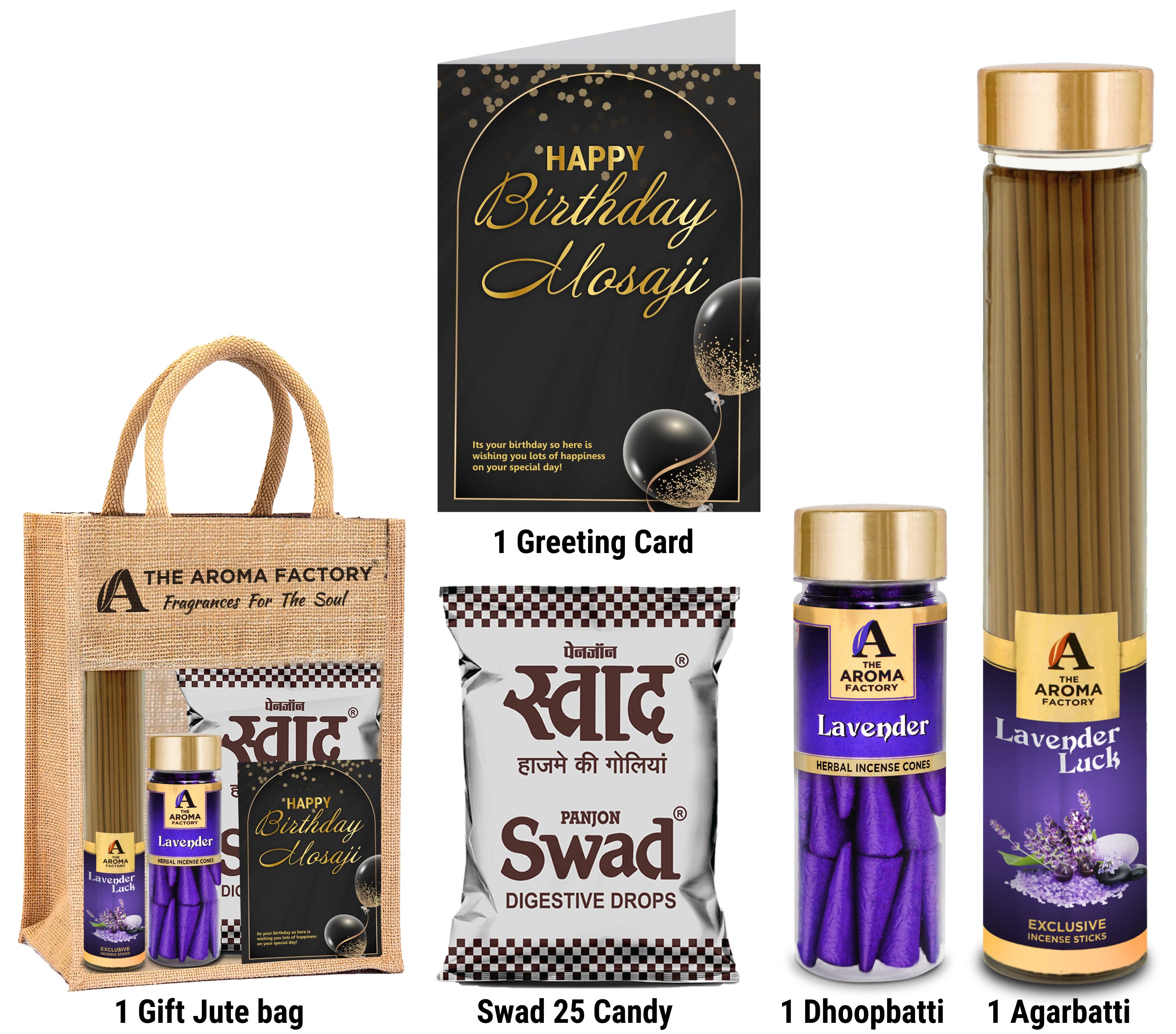 The Aroma Factory Happy Birthday Mosaji/Masaji Gift with Card (25 Swad Candy, Lavender Agarbatti Bottle, Lavender Cone) in Jute Bag