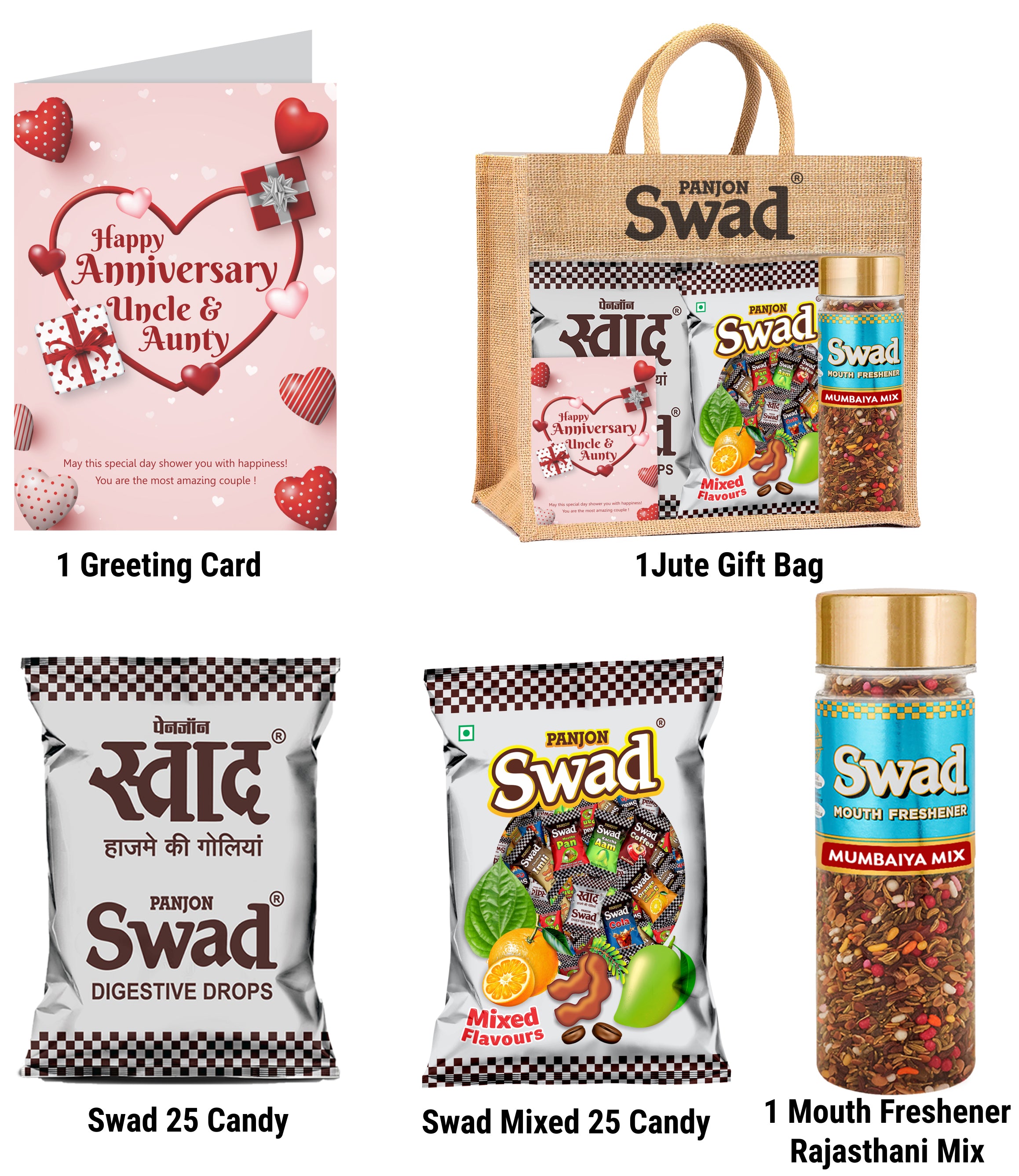 Swad Happy Anniversary Uncle & Aunty Gift with Card (25 Swad Candy, 25 Mixed Toffee, Mumbaiya Mix Mukhwas) in Jute Bag