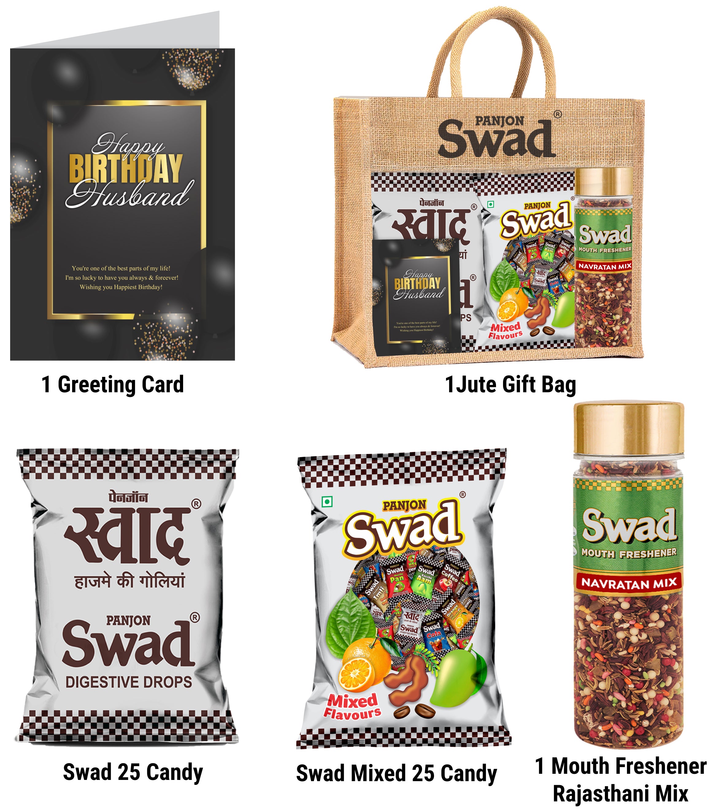 Swad Happy Birthday Husband Gift with Card (25 Swad Candy, 25 Mixed Toffee, Navratan Mix Mukhwas) in Jute Bag