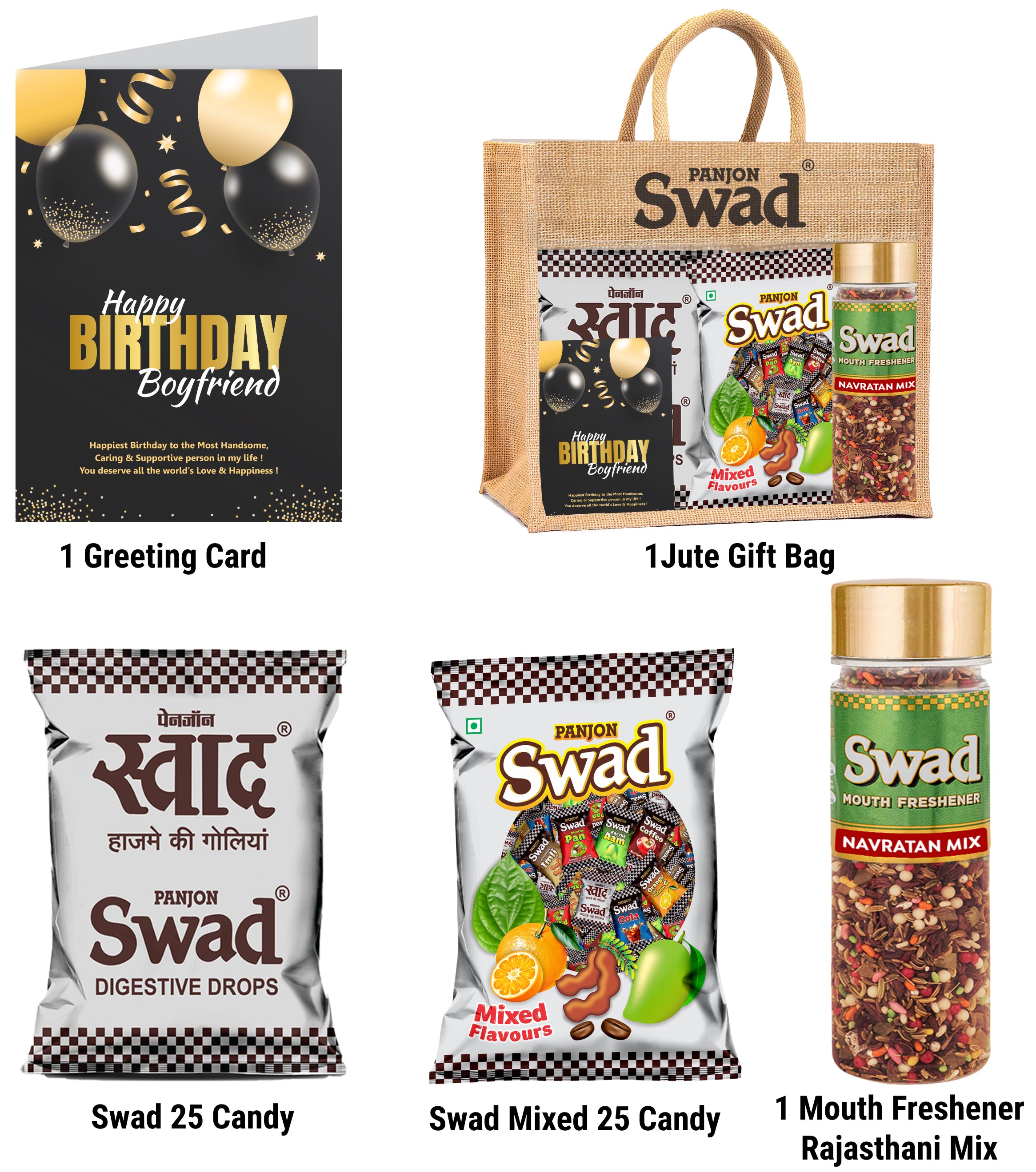Swad Happy Birthday Boy friend Gift with Card (25 Swad Candy, 25 Mixed Toffee, Navratan Mix Mukhwas) in Jute Bag