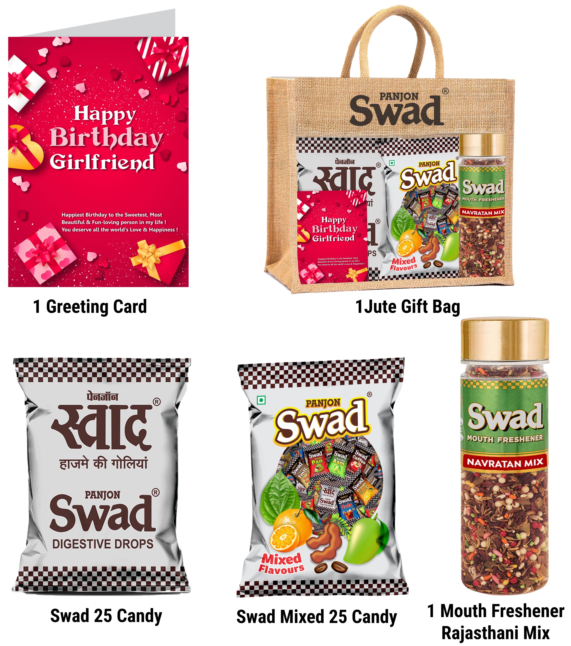 Swad Happy Birthday Girl friend Gift with Card (25 Swad Candy, 25 Mixed Toffee, Navratan Mix Mukhwas) in Jute Bag