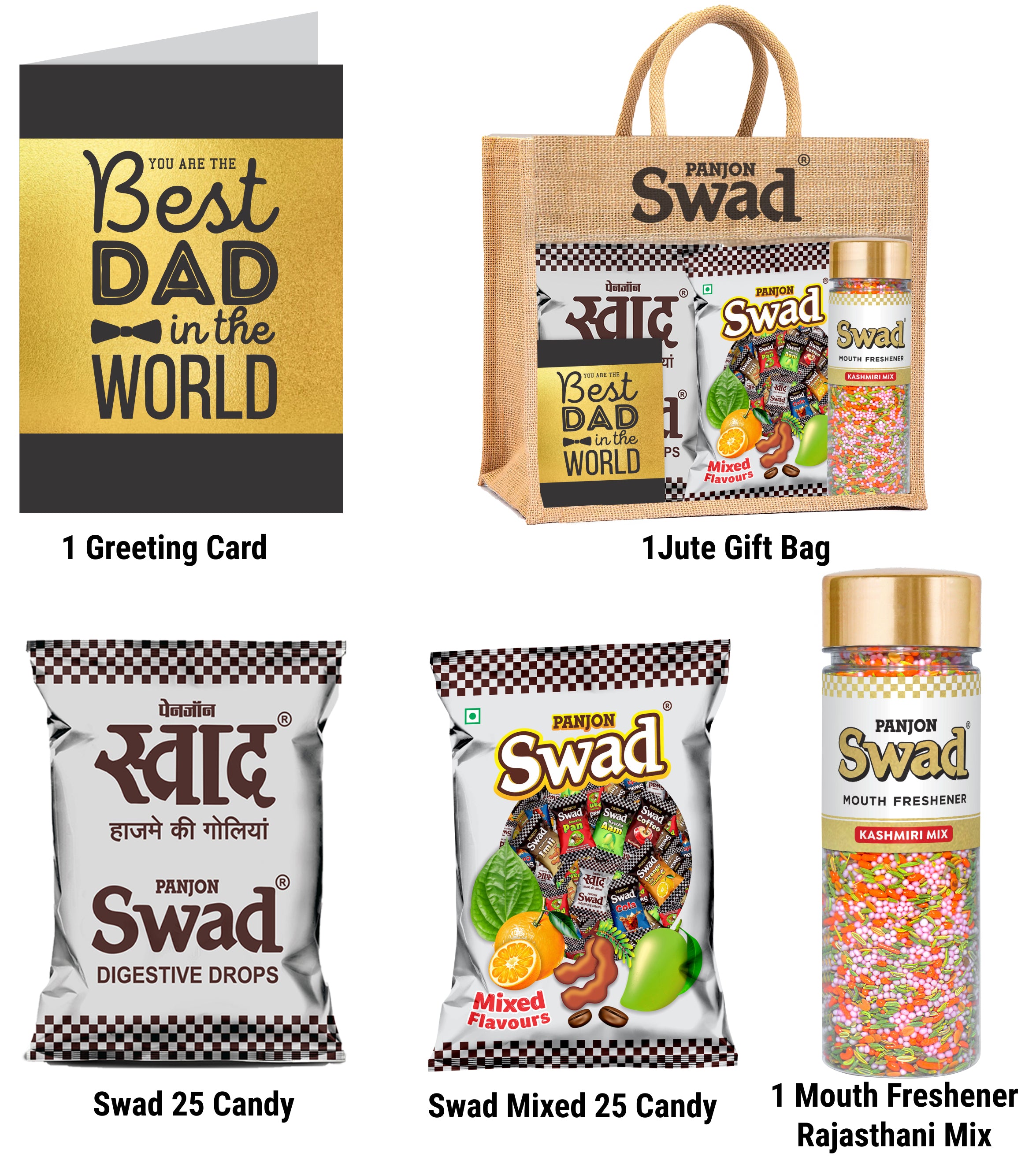 Swad Best Father/Dad Gift with Card (25 Swad Candy, 25 Mixed Toffee, Kashmiri Mix Mukhwas) in Jute Bag