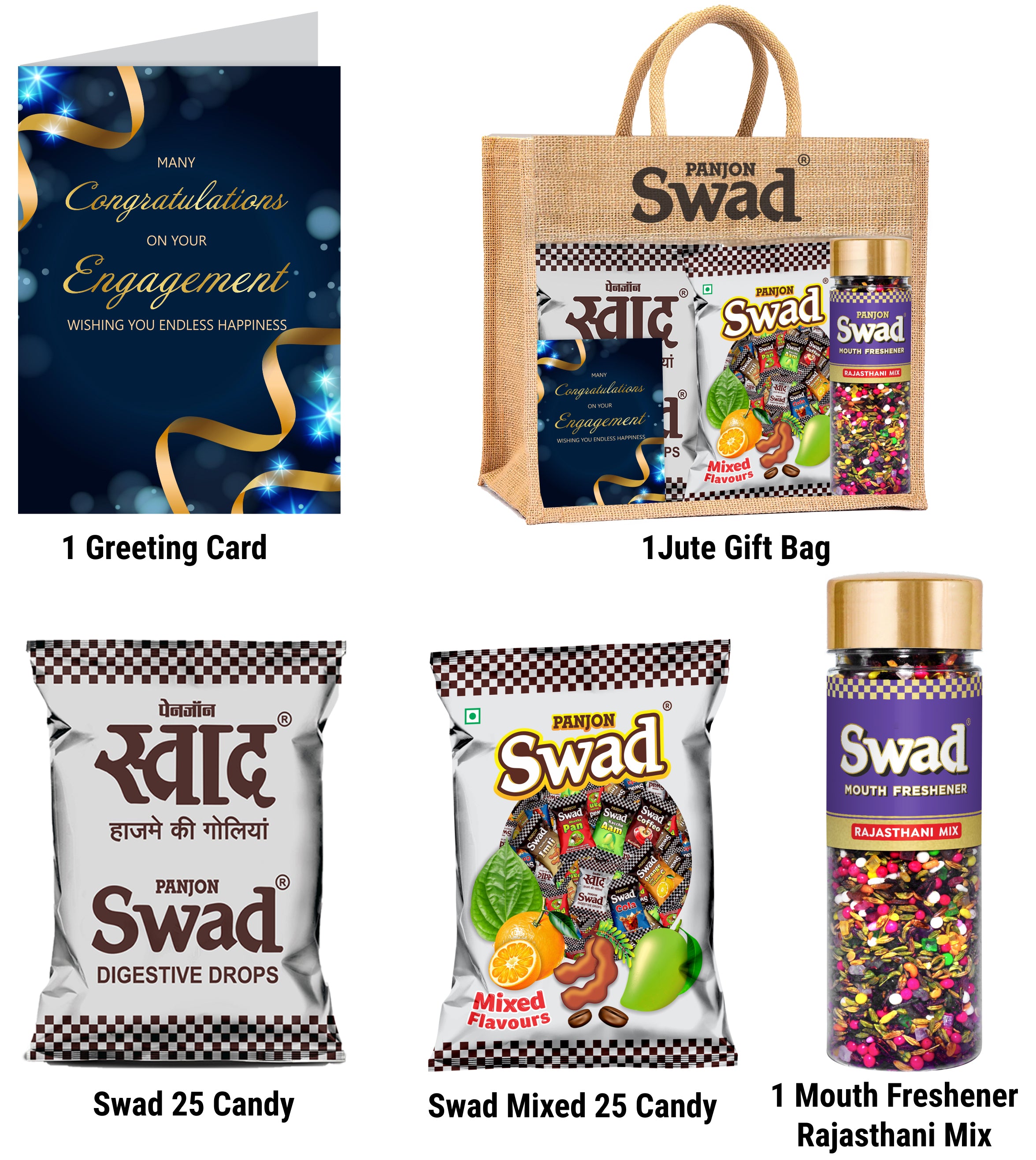 Swad Engagement Gift for Sagai Ring Ceremony with Card (25 Swad Candy, 25 Mixed Toffee, Rajasthani Mix Mukhwas) in Jute Bag