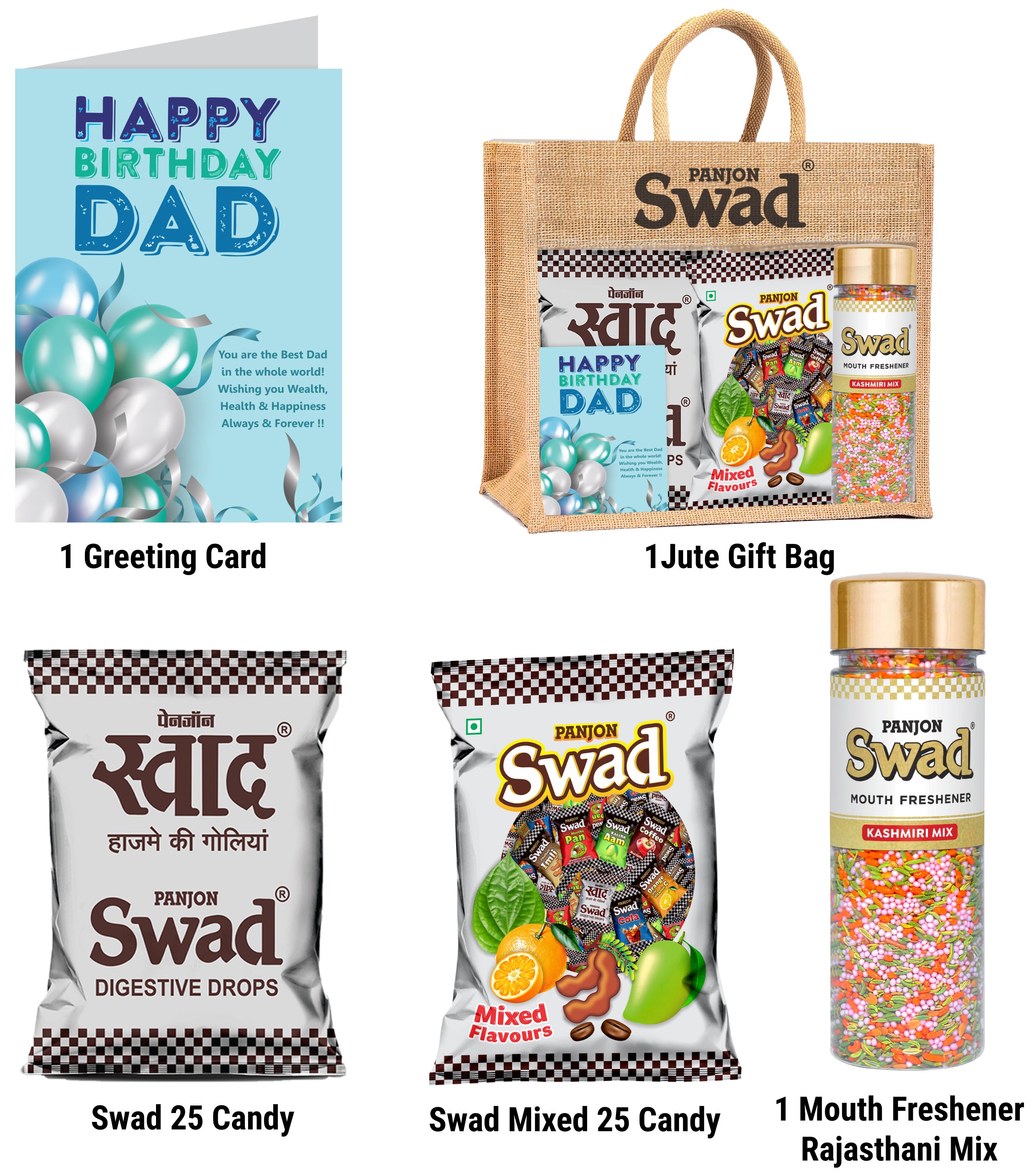 Swad Happy Birthday Dad Papa Father Gift with Card (25 Swad Candy, 25 Mixed Toffee, Kashmiri Mix Mukhwas) in Jute Bag