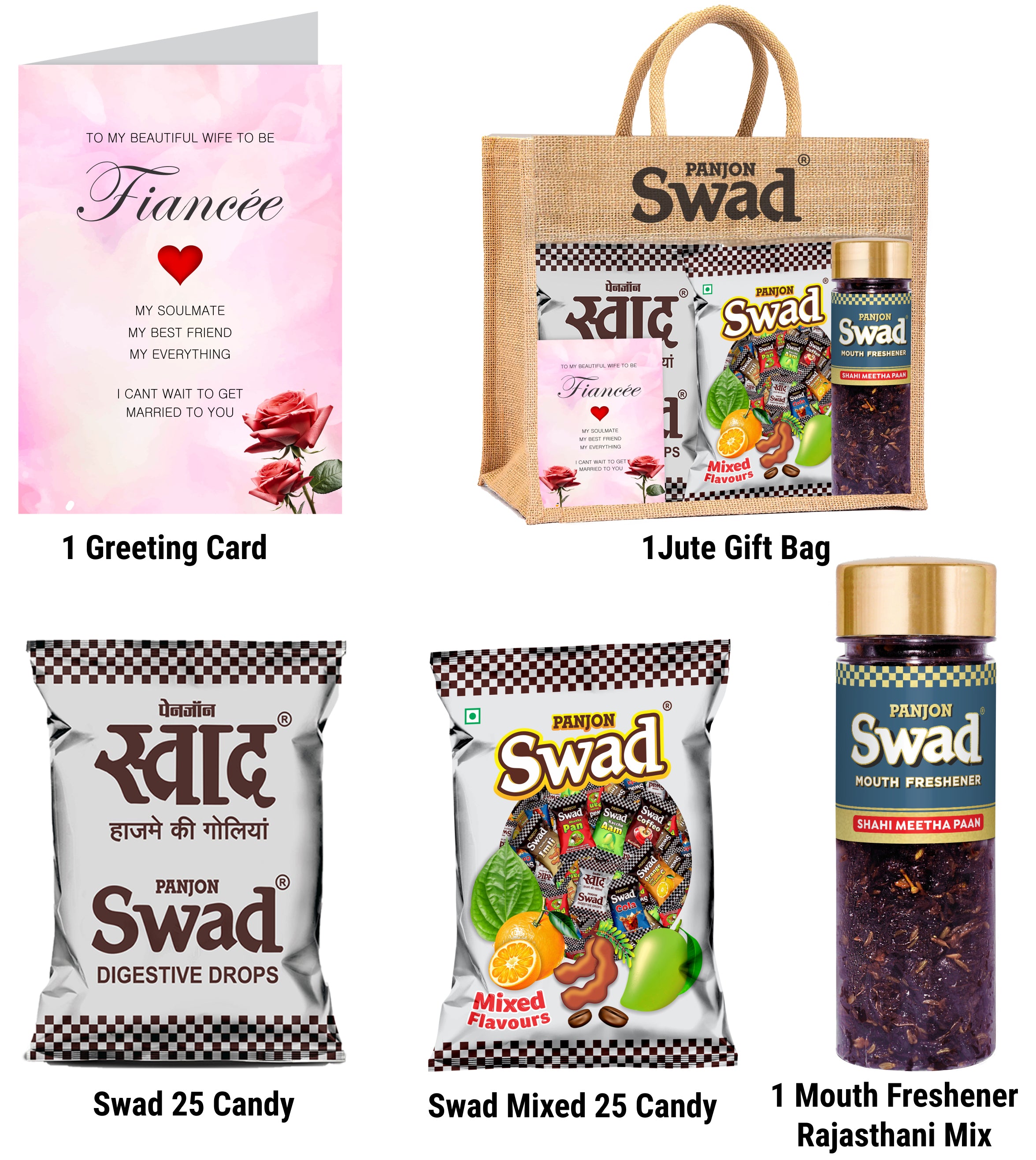 Swad Gift for Fiancee female/Wife to be with Card (25 Swad Candy, 25 Mixed Toffee, Shahi Meetha Paan Mix Mukhwas) in Jute Bag