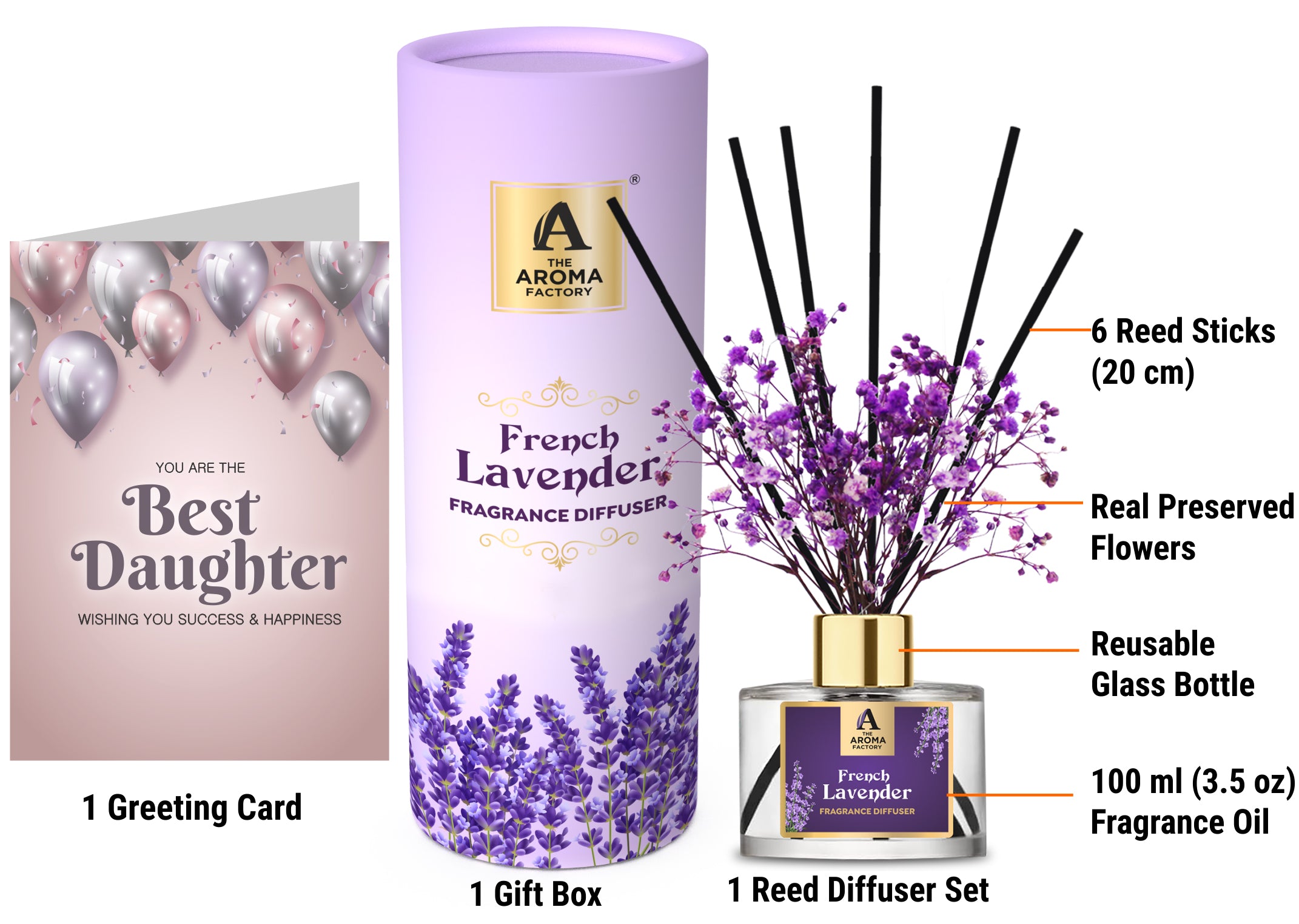 The Aroma Factory Best Daughter Gift with Card, French Lavender Fragrance Reed Diffuser Set (1 Box &1 Card)