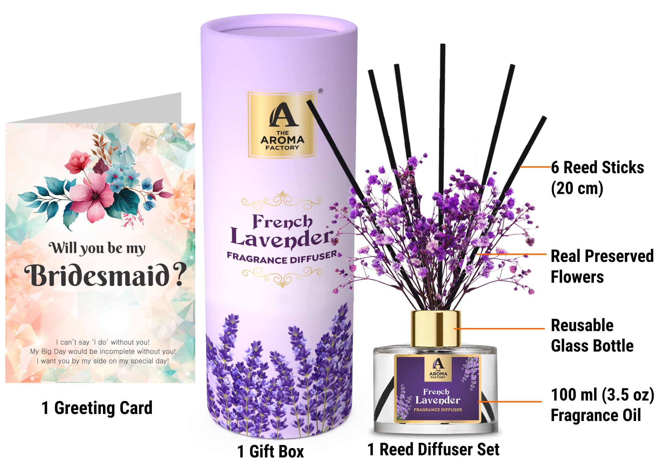 The Aroma Factory Bridesmaid Hamper Gift for pre Wedding with Card, French Lavender Fragrance Reed Diffuser Set (1 Box + 1 Card)