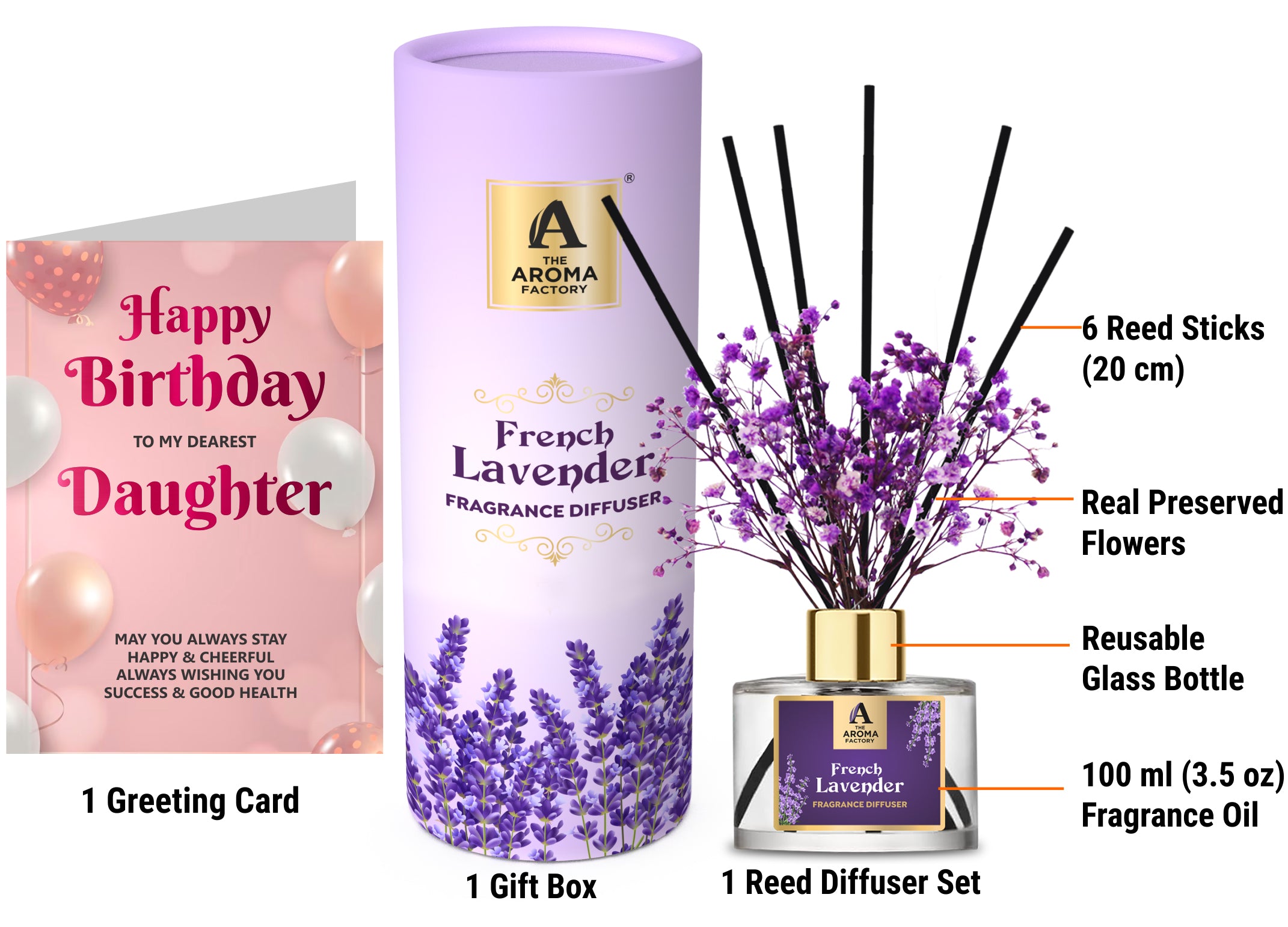 The Aroma Factory Happy Birthday Gift for Daughter/Beti with Card, French Lavender Fragrance Reed Diffuser Set (1 Box + 1 Card)