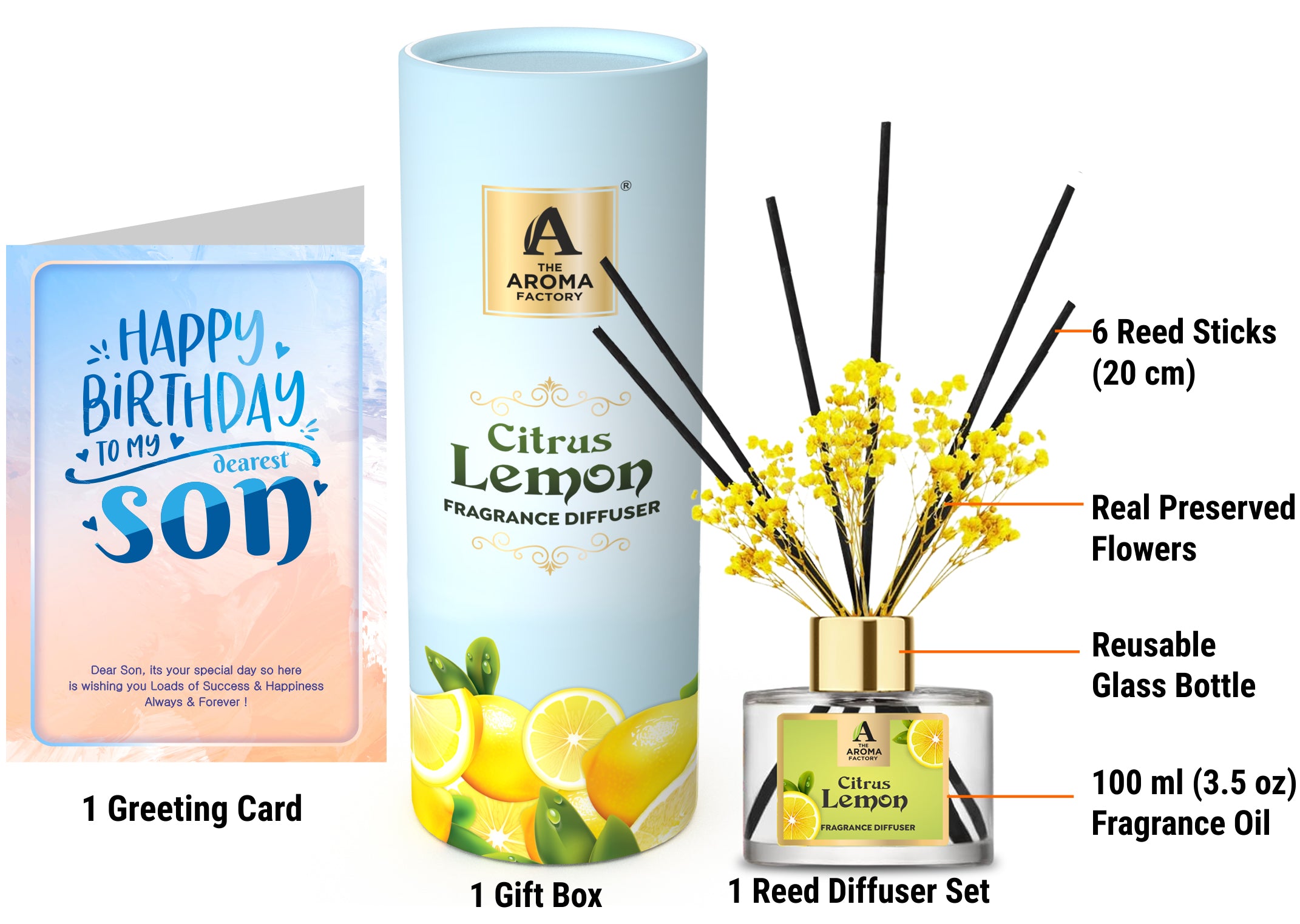 The Aroma Factory Happy Birthday Gift for Son/Beta with Card, Citrus Lemon Fragrance Reed Diffuser Set (1 Box + 1 Card)