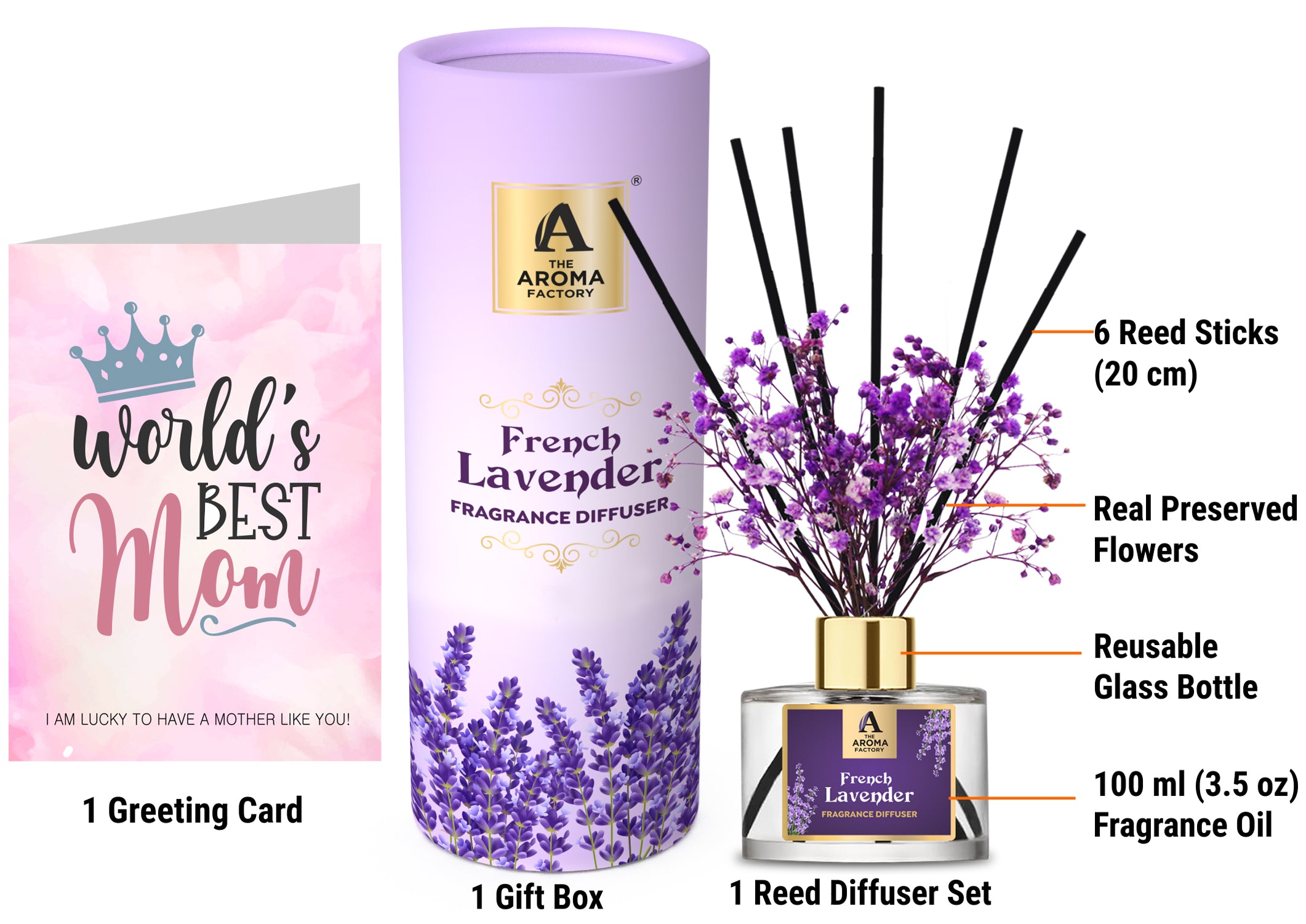 The Aroma Factory Best Mom/Mother Gift with Card, French Lavender Fragrance Reed Diffuser Set (1 Box &1 Card)
