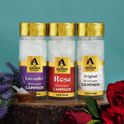 The Aroma Factory Pure Bhimseni Camphor, Lavender, Rose & Original, Zero Residue Kapoor with Fragrance for Pooja, Aarti Kapur | Bottle Pack of 3 x 80gm