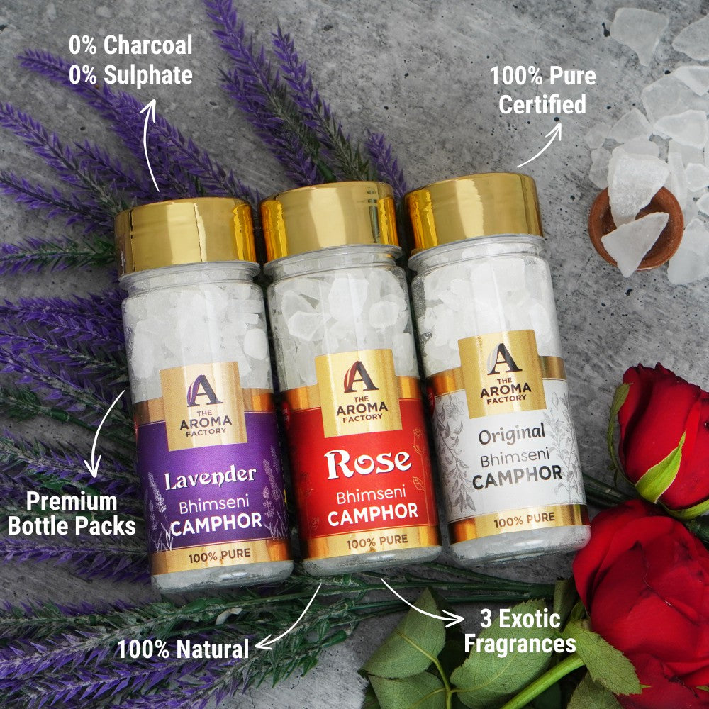 The Aroma Factory Pure Bhimseni Camphor, Lavender, Rose & Original, Zero Residue Kapoor with Fragrance for Pooja, Aarti Kapur | Bottle Pack of 3 x 80gm