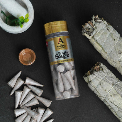 The Aroma Factory White Sage Incense Cone (0% Charcoal 0% Suphates Herbal Smudge Dhoop) Free Holder Bottle Pack, 30 Cones