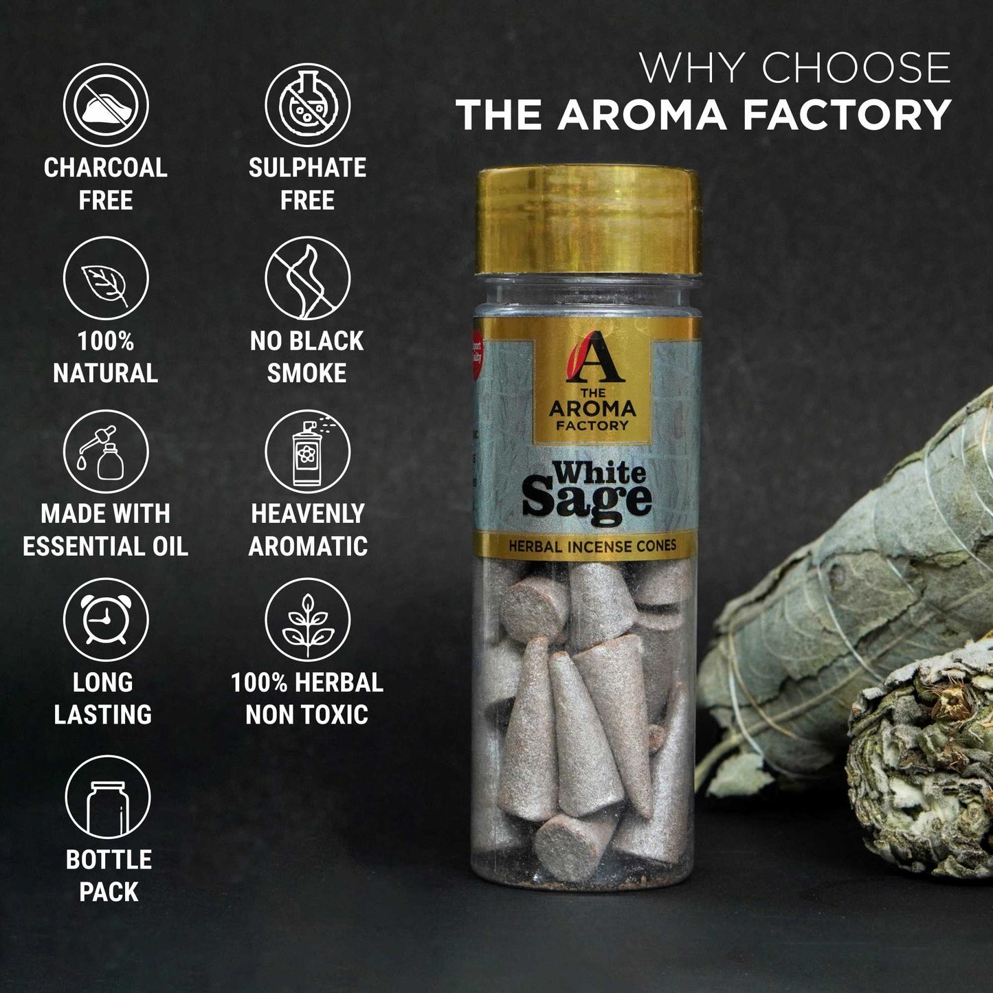 The Aroma Factory White Sage Incense Cone (0% Charcoal 0% Suphates Herbal Smudge Dhoop) Free Holder Bottle Pack, 30 Cones