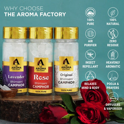 The Aroma Factory 100% Pure Bhimseni Camphor Fresh Active,Original,Rose,Lavender & Jasmine Fragrances Pack of 5 Bottle