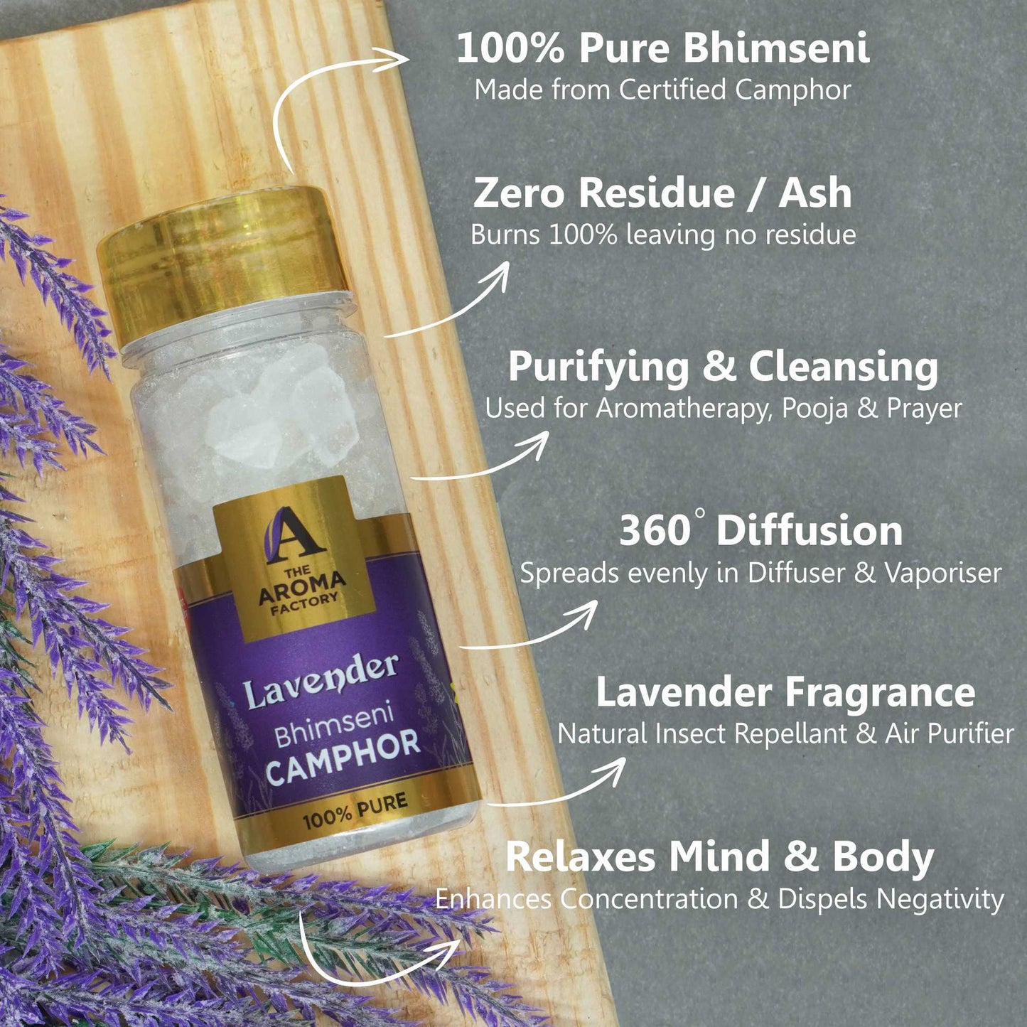 The Aroma Factory 100% Pure Bhimseni Camphor Fresh Active,Original,Rose,Lavender & Jasmine Fragrances Pack of 5 Bottle