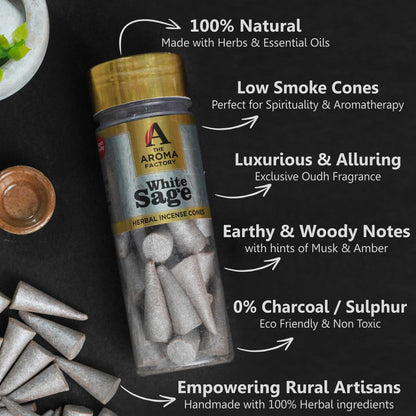 The Aroma Factory White Sage Incense Cone (0% Charcoal 0% Suphates Herbal Smudge Dhoop) Free Holder Bottle Pack, 30 Cones