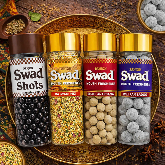 Swad Mouth Fresheners Digestive Shots, Rajwadi Mukhwas, Anardana Goli, Imli Laddoo, 4 bottle,