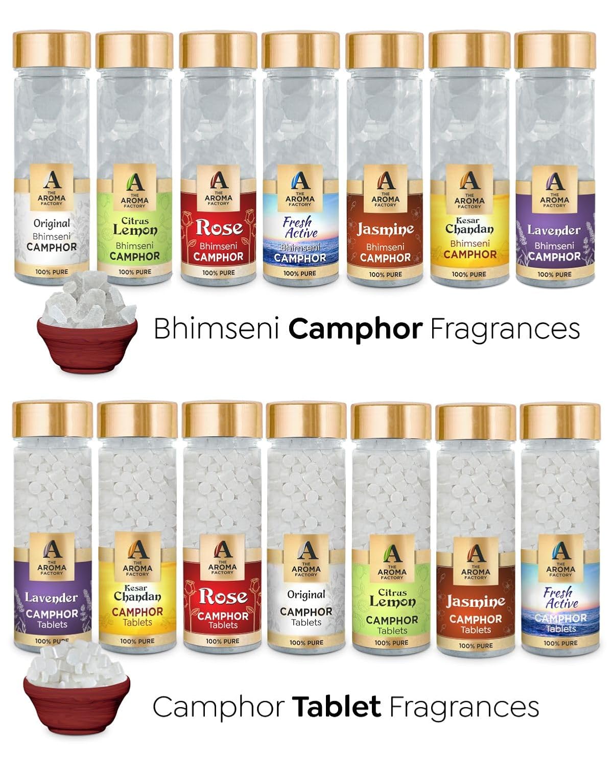 The Aroma Factory Pure Bhimseni Camphor, Lavender, Rose & Original, Zero Residue Kapoor with Fragrance for Pooja, Aarti Kapur | Bottle Pack of 3 x 80gm