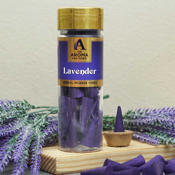 The Aroma Factory Lavender Incense Cone (0% Charcoal 0% Suphates Herbal Dhoop) Free Holder Bottle Pack, 30 Cones