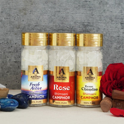 The Aroma Factory Pure Bhimseni Camphor, Fresh Active, Rose & Kesar Chandan, Zero Residue Kapoor with Fragrance for Pooja, Aarti Kapur | Bottle Pack of 3 x 80gm