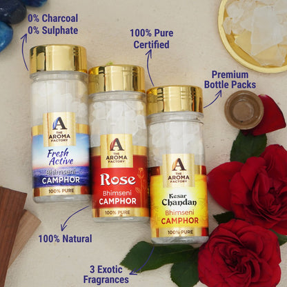 The Aroma Factory Pure Bhimseni Camphor, Fresh Active, Rose & Kesar Chandan, Zero Residue Kapoor with Fragrance for Pooja, Aarti Kapur | Bottle Pack of 3 x 80gm