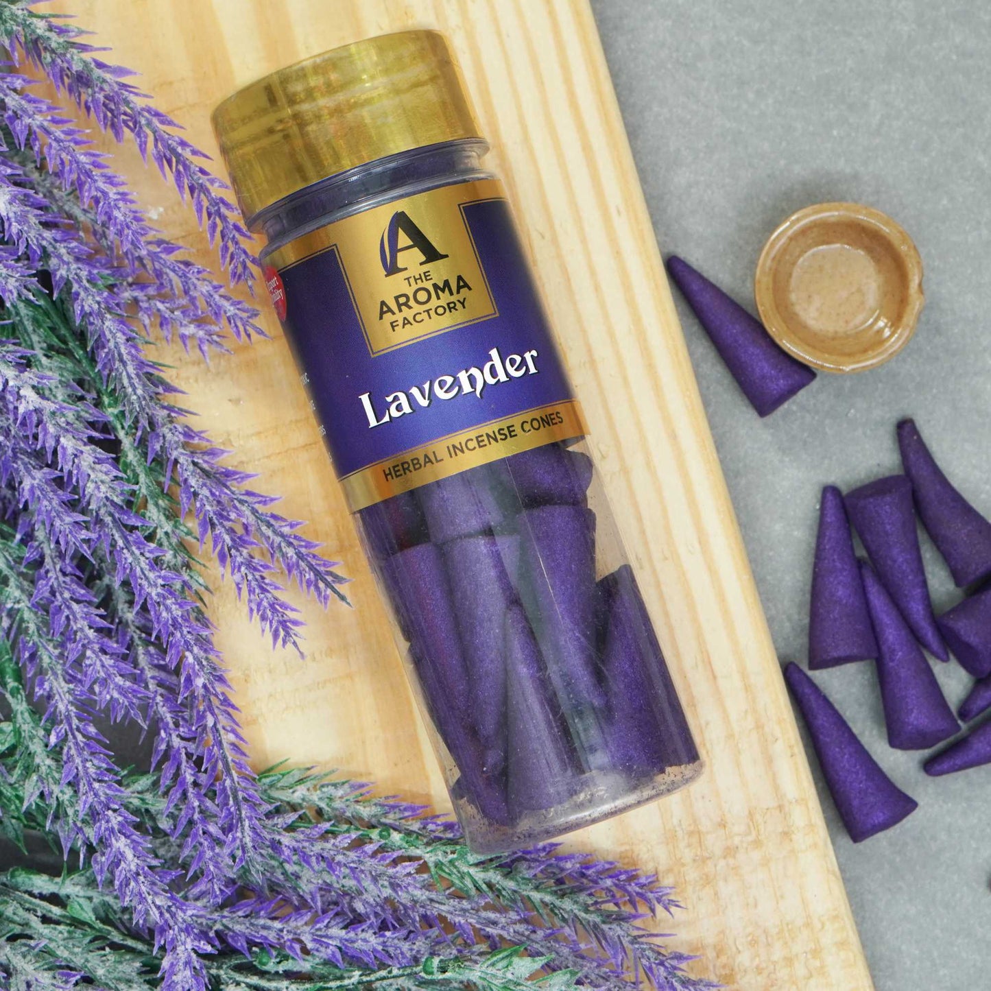 The Aroma Factory Lavender Incense Cone (0% Charcoal 0% Suphates Herbal Dhoop) Free Holder Bottle Pack, 30 Cones