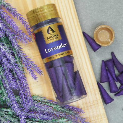 The Aroma Factory Lavender Incense Cone (0% Charcoal 0% Suphates Herbal Dhoop) Free Holder Bottle Pack, 30 Cones