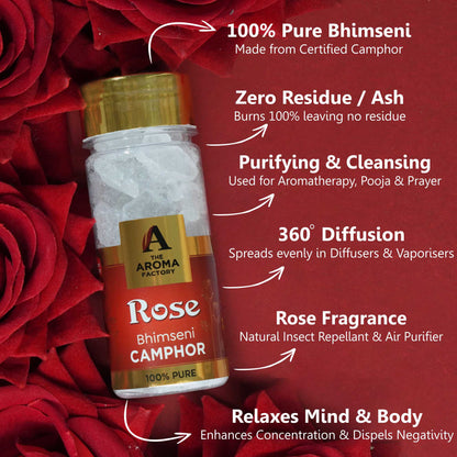 The Aroma Factory Pure Bhimseni Camphor, Rose, Zero Residue Kapoor with Fragrance for Pooja, Aarti Kapur | Bottle Pack of 1 x 80gm