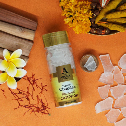 The Aroma Factory Pure Bhimseni Camphor, Fresh Active, Rose & Kesar Chandan, Zero Residue Kapoor with Fragrance for Pooja, Aarti Kapur | Bottle Pack of 3 x 80gm