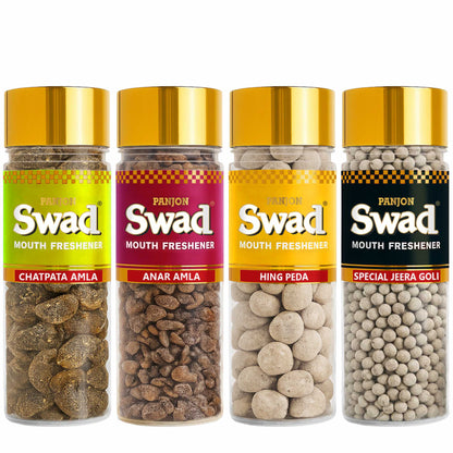Swad Mouthfreshener Combo Chatpata Amla, Anar Amla, Hing Peda & Jeera Goli Pachak Mukhwas, 4 bottle