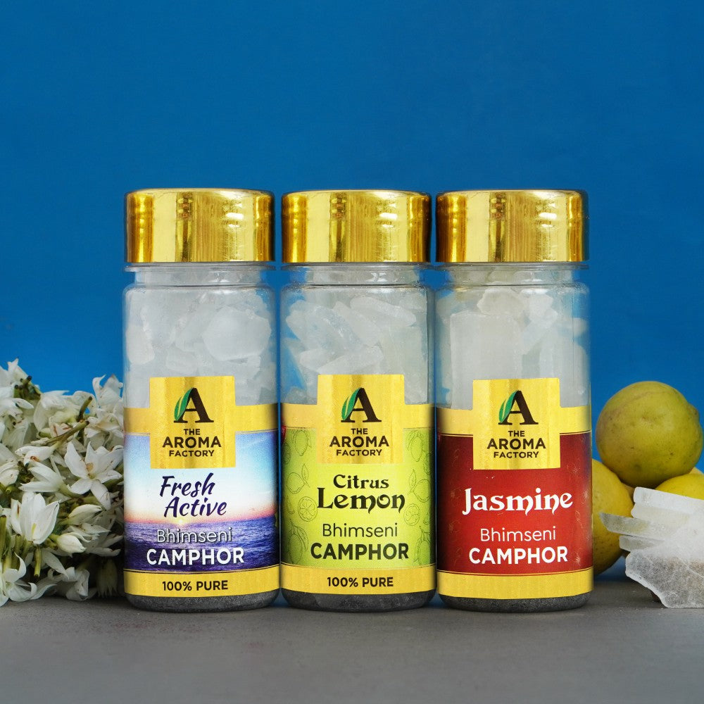 The Aroma Factory Pure Bhimseni Camphor, Fresh Active ,Citrus Lemon & Jasmine Zero Residue Kapoor with Fragrance for Pooja, Aarti Kapur | Bottle Pack of 3 x 80gm