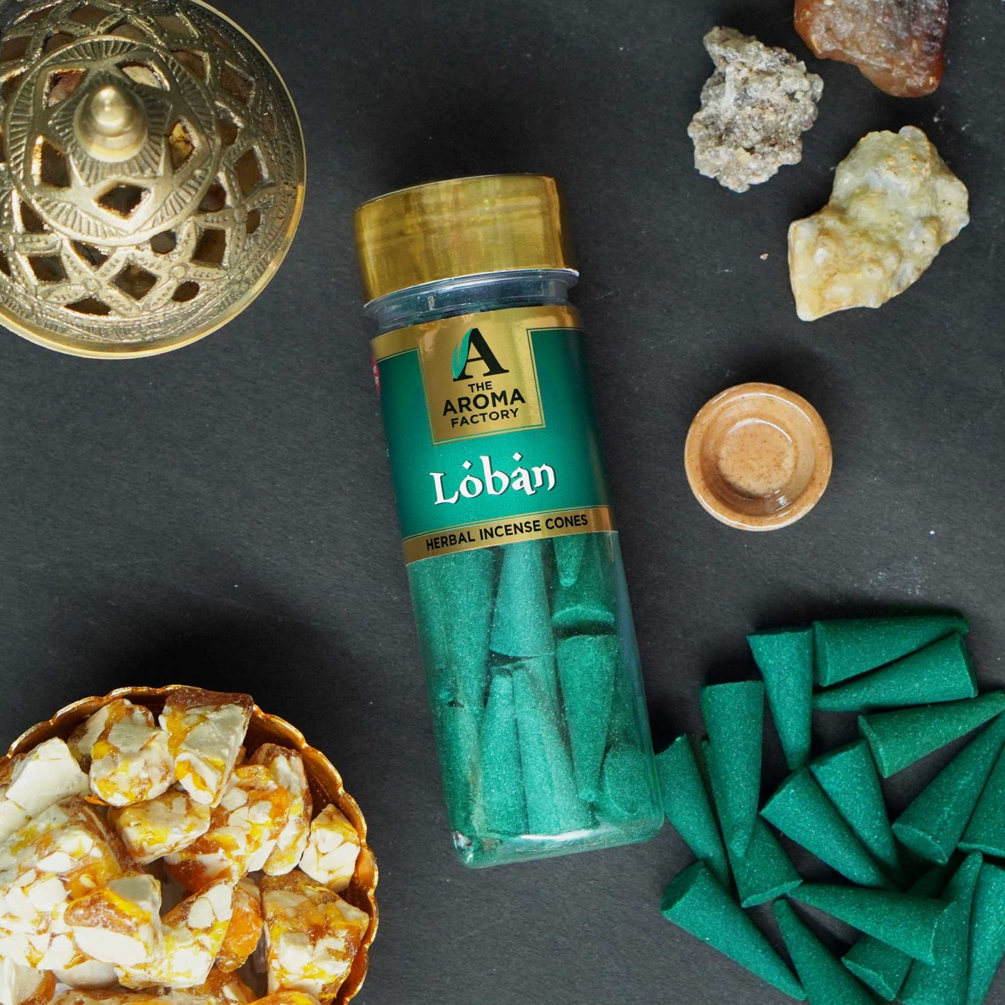 The Aroma Factory Loban Incense Cone (0% Charcoal 0% Suphates Herbal Lobhan Dhoop) Free Holder Bottle Pack, 30 Cones
