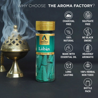 The Aroma Factory Loban Incense Cone (0% Charcoal 0% Suphates Herbal Lobhan Dhoop) Free Holder Bottle Pack, 30 Cones