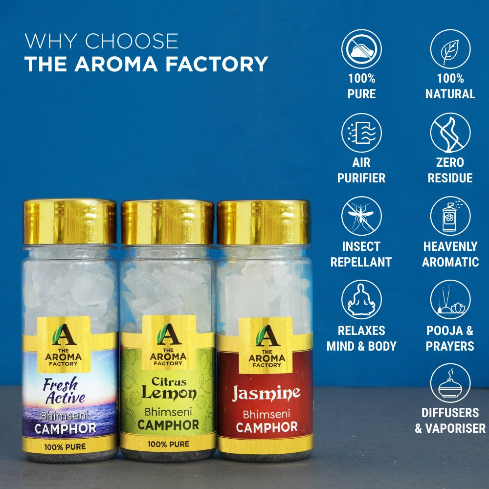 The Aroma Factory Pure Bhimseni Camphor, Fresh Active ,Citrus Lemon & Jasmine Zero Residue Kapoor with Fragrance for Pooja, Aarti Kapur | Bottle Pack of 3 x 80gm