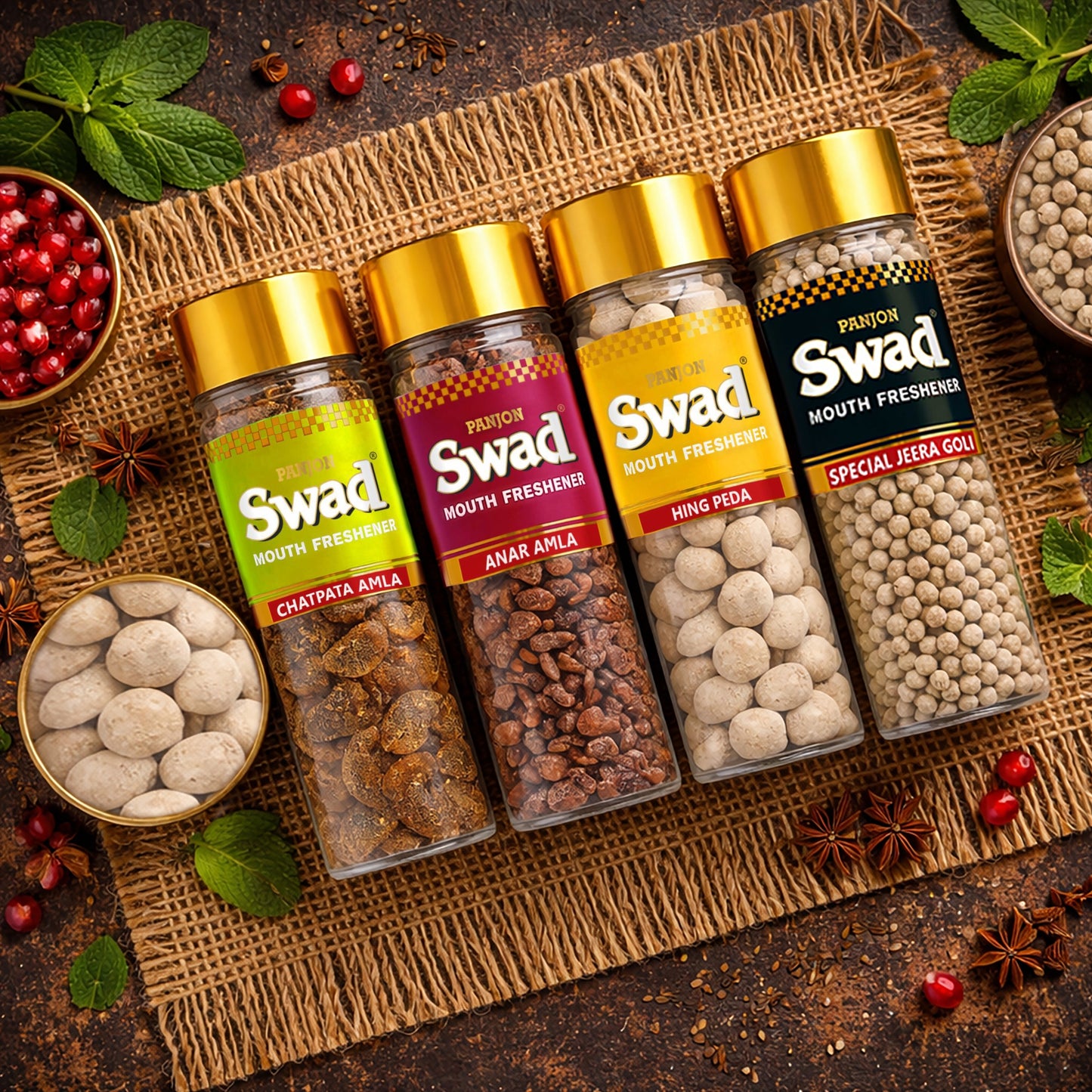 Swad Mouthfreshener Combo Chatpata Amla, Anar Amla, Hing Peda & Jeera Goli Pachak Mukhwas, 4 bottle