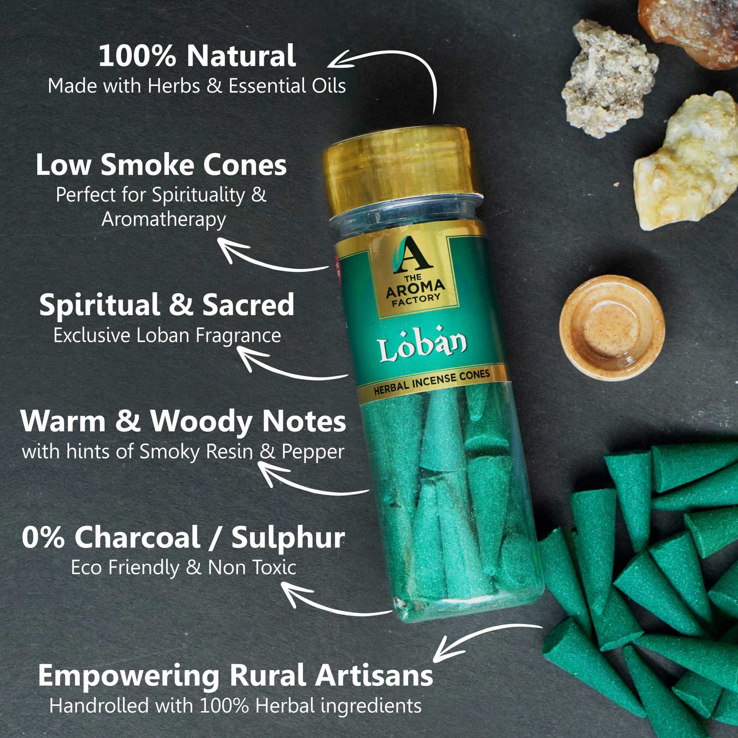 The Aroma Factory Loban Incense Cone (0% Charcoal 0% Suphates Herbal Lobhan Dhoop) Free Holder Bottle Pack, 30 Cones