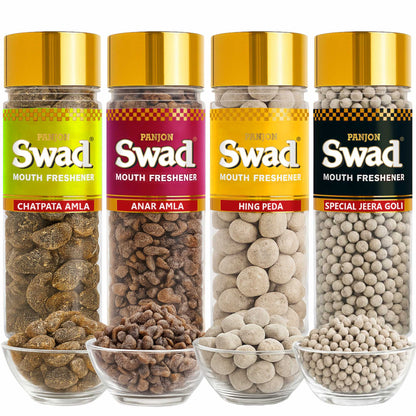 Swad Mouthfreshener Combo Chatpata Amla, Anar Amla, Hing Peda & Jeera Goli Pachak Mukhwas, 4 bottle