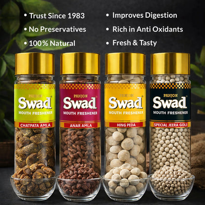 Swad Mouthfreshener Combo Chatpata Amla, Anar Amla, Hing Peda & Jeera Goli Pachak Mukhwas, 4 bottle