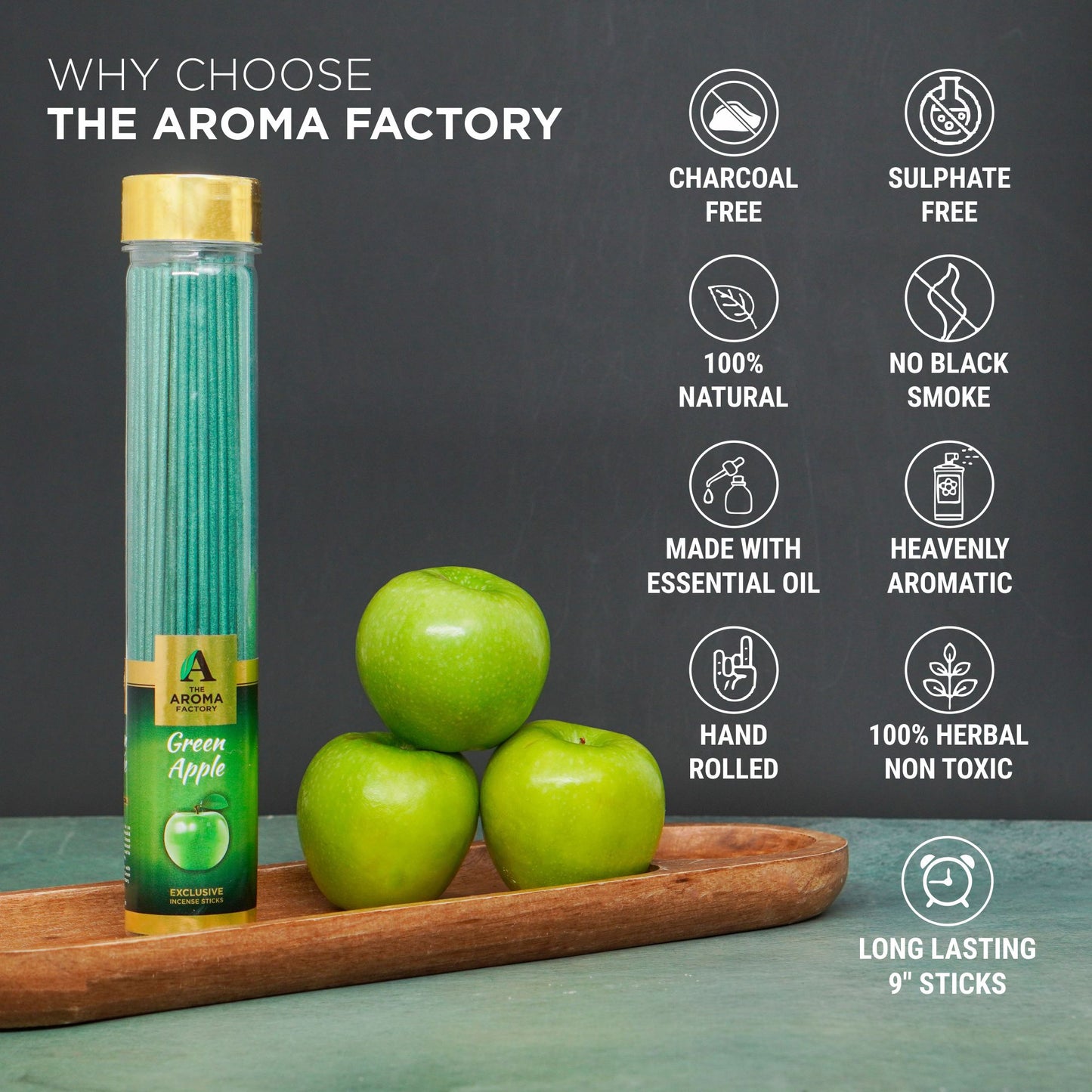 The Aroma Factory Green Apple Incense Stick (0% Charcoal 0% Sulphates) Organic & Herbal Agarbatti Bottle Pack, 100G