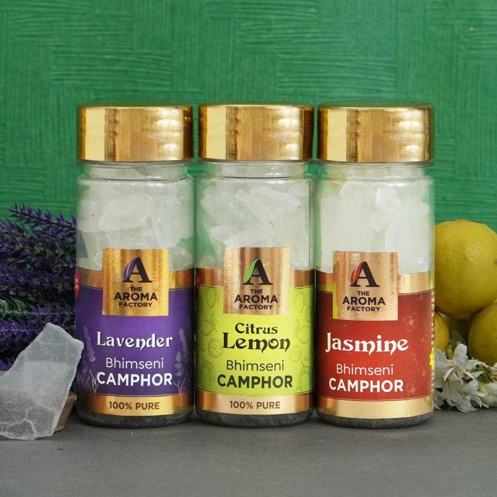 The Aroma Factory Pure Bhimseni Camphor, Lavender ,Citrus Lemon & Jasmine Zero Residue Kapoor with Fragrance for Pooja, Aarti Kapur | Bottle Pack of 3 x 80gm