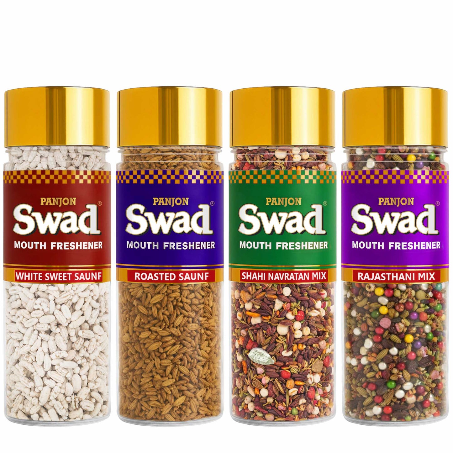 Swad Mouth Freshener Combo White Sweet Saunf, Roasted Saunf, Navaratan Mix & Rajasthani Mukhwas, 4 bottle