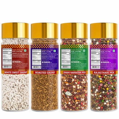 Swad Mouth Freshener Combo White Sweet Saunf, Roasted Saunf, Navaratan Mix & Rajasthani Mukhwas, 4 bottle