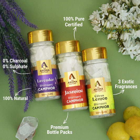 The Aroma Factory Pure Bhimseni Camphor, Lavender ,Citrus Lemon & Jasmine Zero Residue Kapoor with Fragrance for Pooja, Aarti Kapur | Bottle Pack of 3 x 80gm