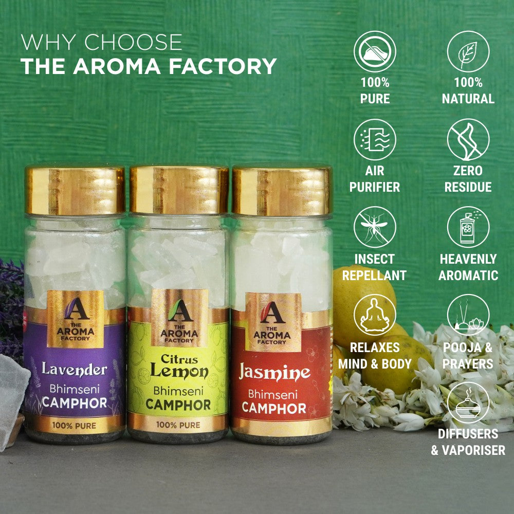 The Aroma Factory Pure Bhimseni Camphor, Lavender ,Citrus Lemon & Jasmine Zero Residue Kapoor with Fragrance for Pooja, Aarti Kapur | Bottle Pack of 3 x 80gm