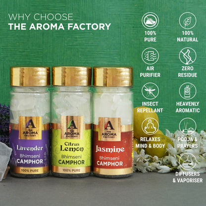 The Aroma Factory Pure Bhimseni Camphor, Lavender ,Citrus Lemon & Jasmine Zero Residue Kapoor with Fragrance for Pooja, Aarti Kapur | Bottle Pack of 3 x 80gm