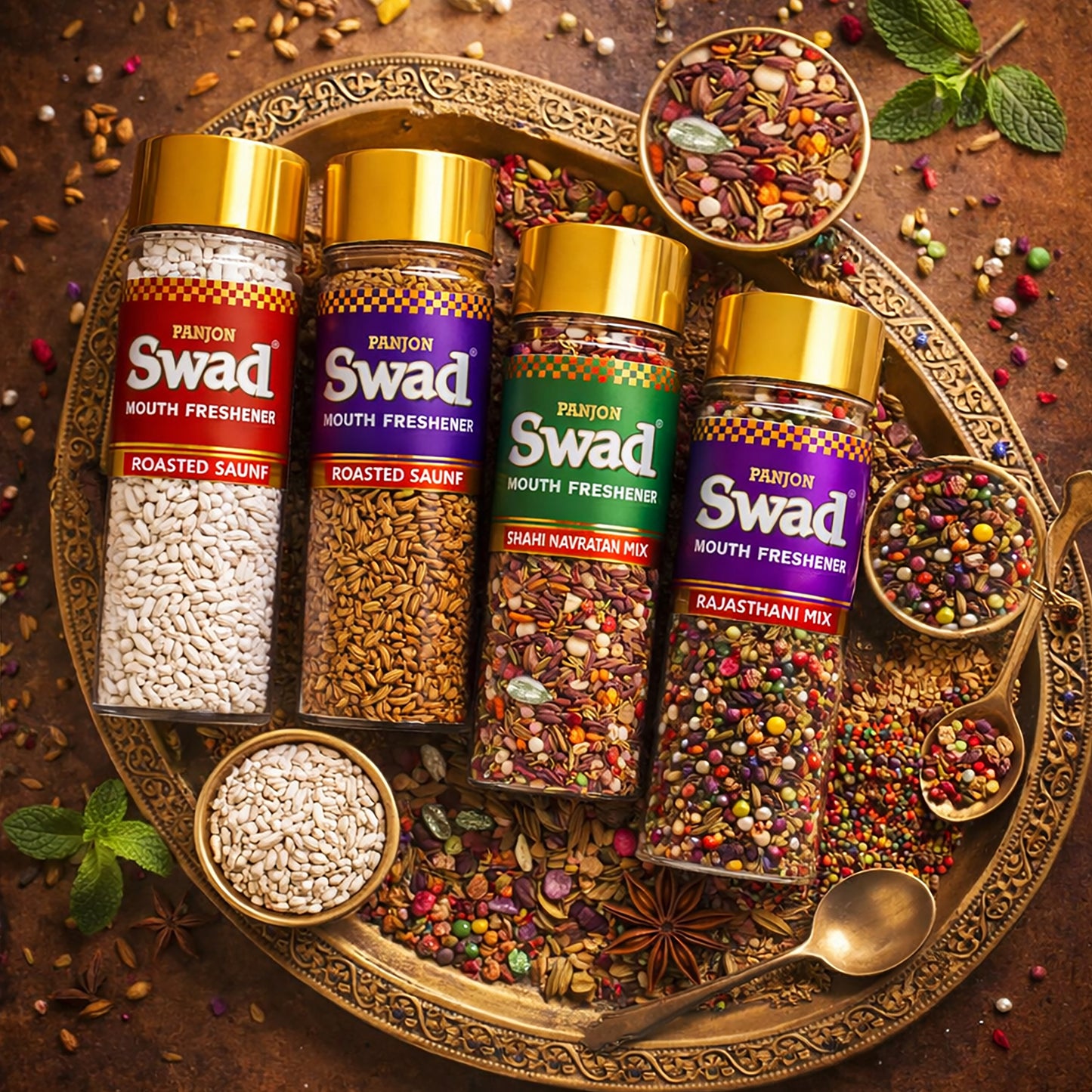 Swad Mouth Freshener Combo White Sweet Saunf, Roasted Saunf, Navaratan Mix & Rajasthani Mukhwas, 4 bottle