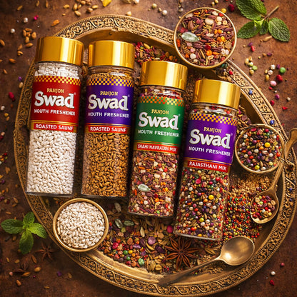 Swad Mouth Freshener Combo White Sweet Saunf, Roasted Saunf, Navaratan Mix & Rajasthani Mukhwas, 4 bottle